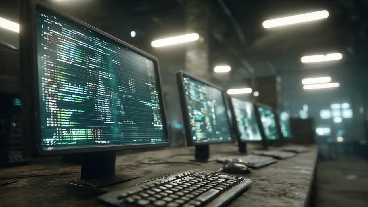 A Glimpse into a High-Tech Command Center: The Screens Displaying Intricate Data Streams in a Dark, Industrial Setting Emphasize the Power of Modern Technology