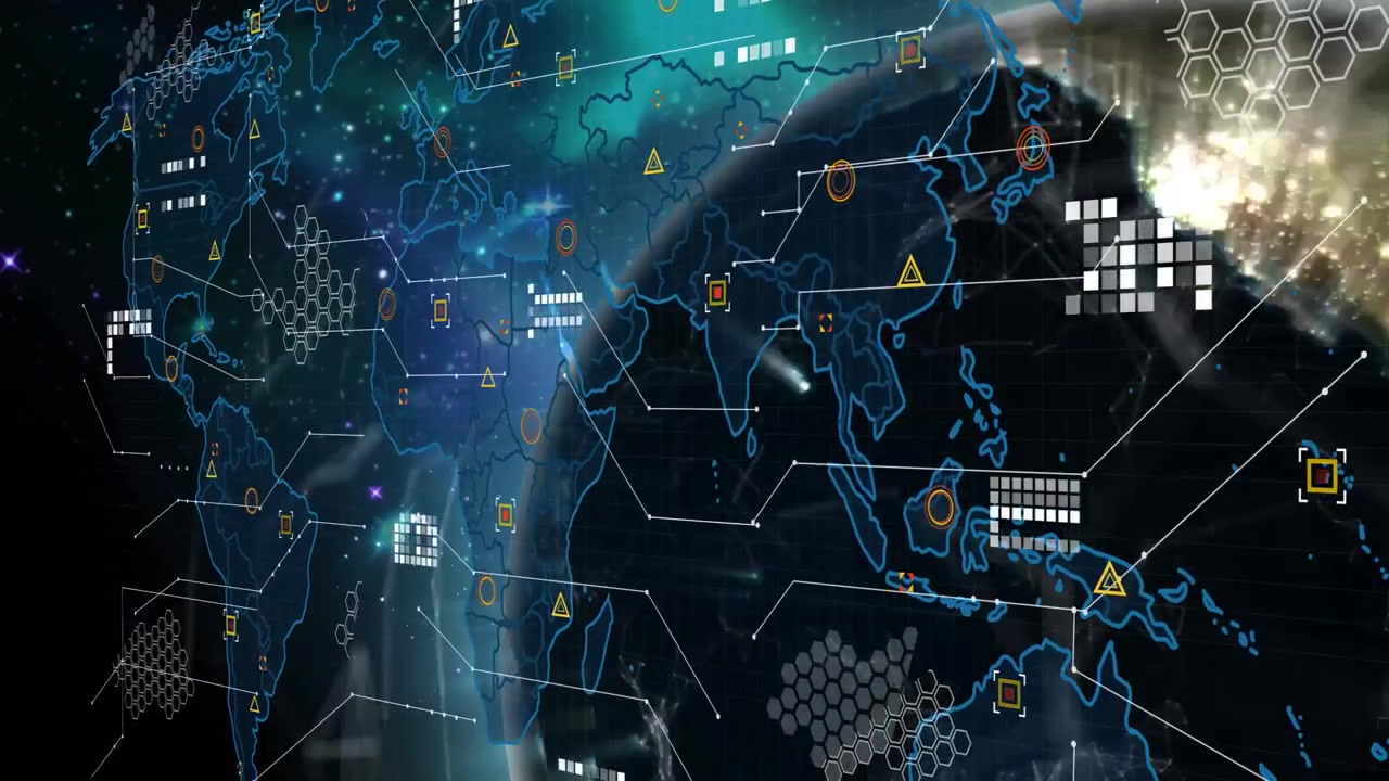 opening space driving 3D globe rotating revealing pulsing lights grids visualizing network flows