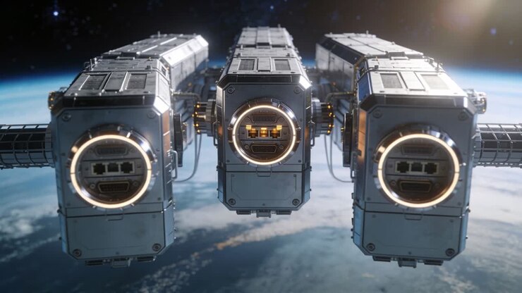 Rotating three orbital modules revealing docking ports in low Earth orbit, camera shifting