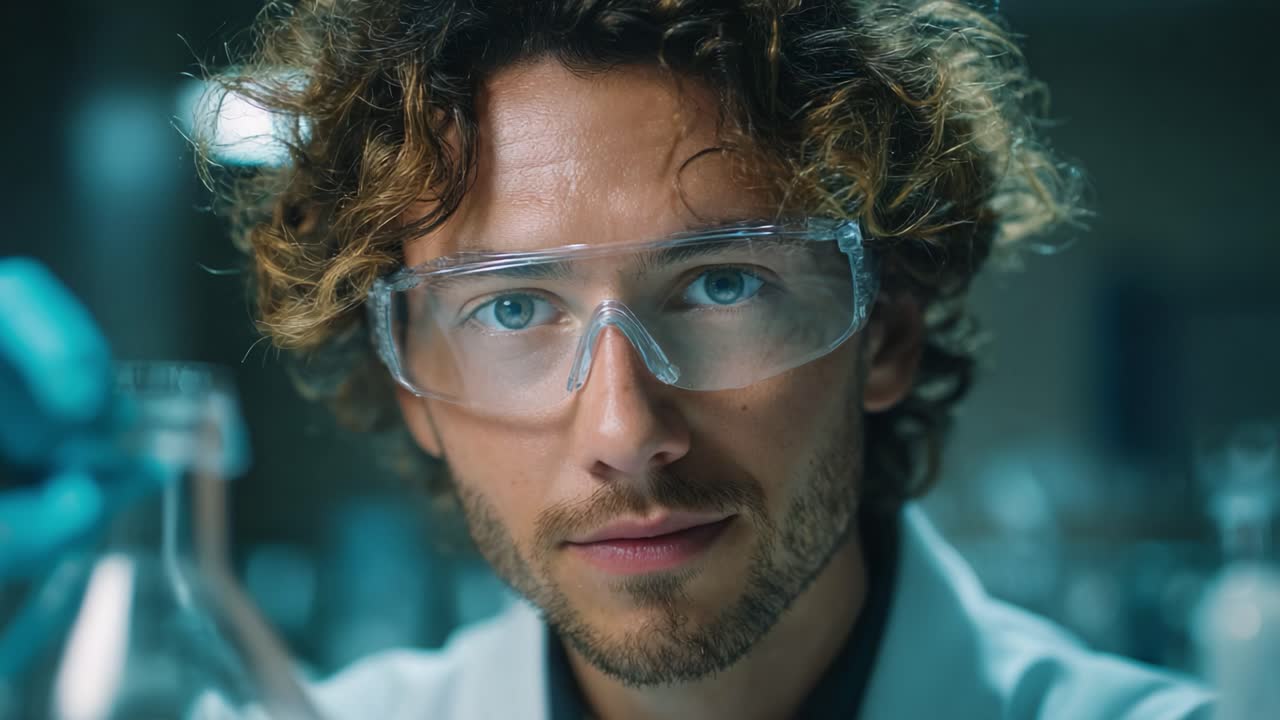 Scienziato che esamina una reazione chimica in laboratorio con espressione concentrata e dispositivi di protezione per la sicurezza in un ambiente di ricerca dinamico