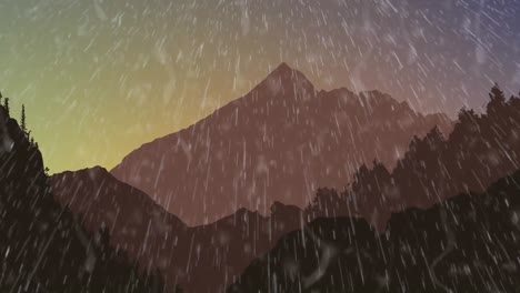 Animation-of-rain-falling-over-landscape-with-trees-and-mountains