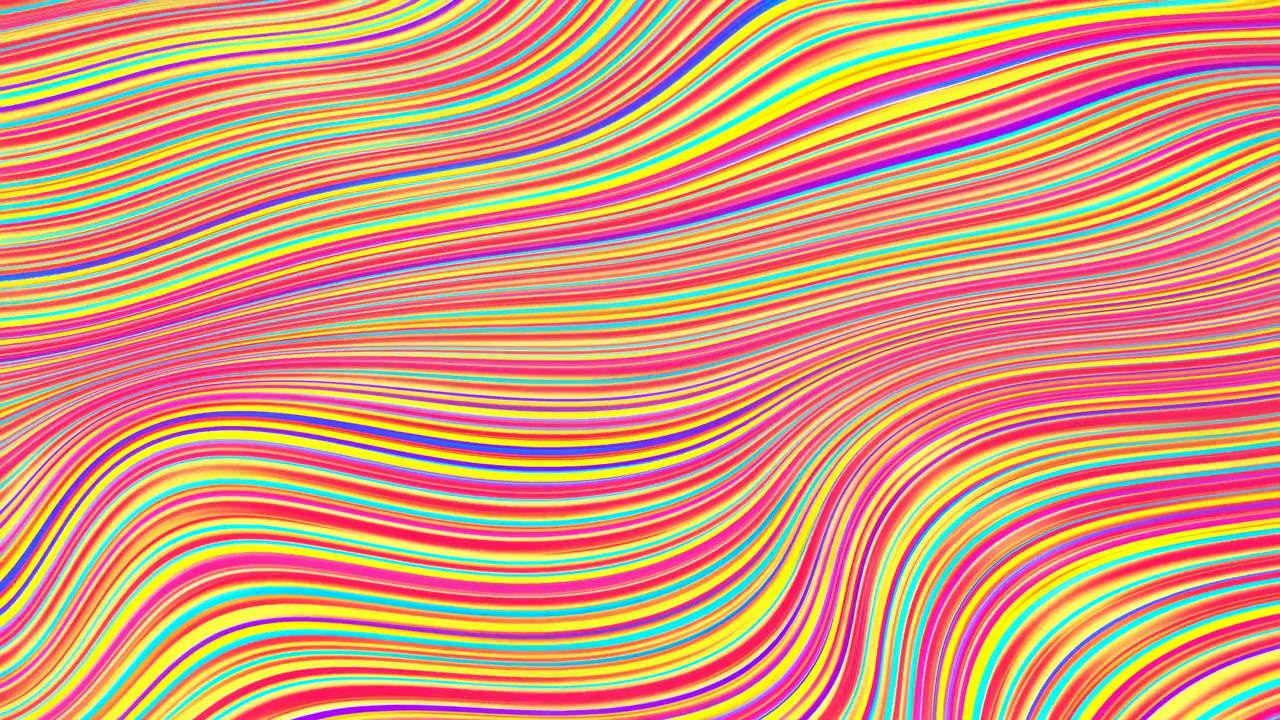 Bright layered stripes continuously undulate across full frame, with pink, yellow, cyan, orange, green, and purple lines shifting through broad curves, tight bends, and smooth ripples.