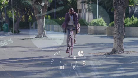 animation of infographic interface and icons over african american man riding bicycle