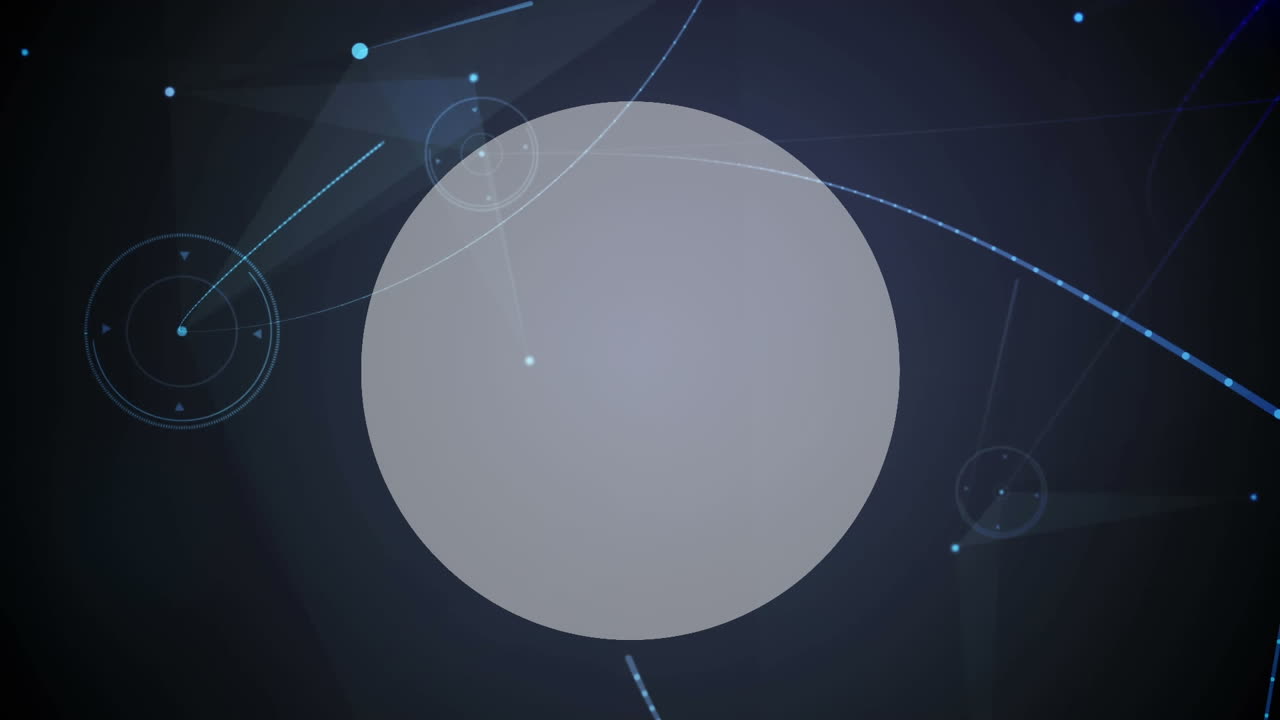 파란색 배경에 복사 공간이 있는 둥근 배너 위에 떠있는 플렉서스 네트워크의 디지털 애니메이션