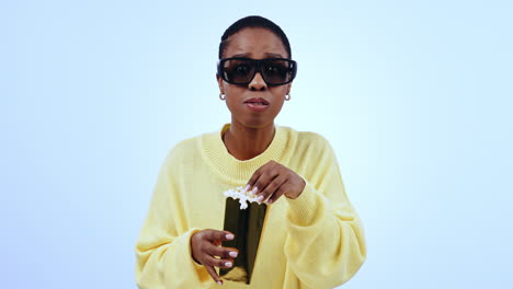 face, 3d glasses and black woman with popcorn