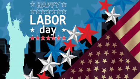 Animation-of-labor-day-text-over-city-and-american-flag