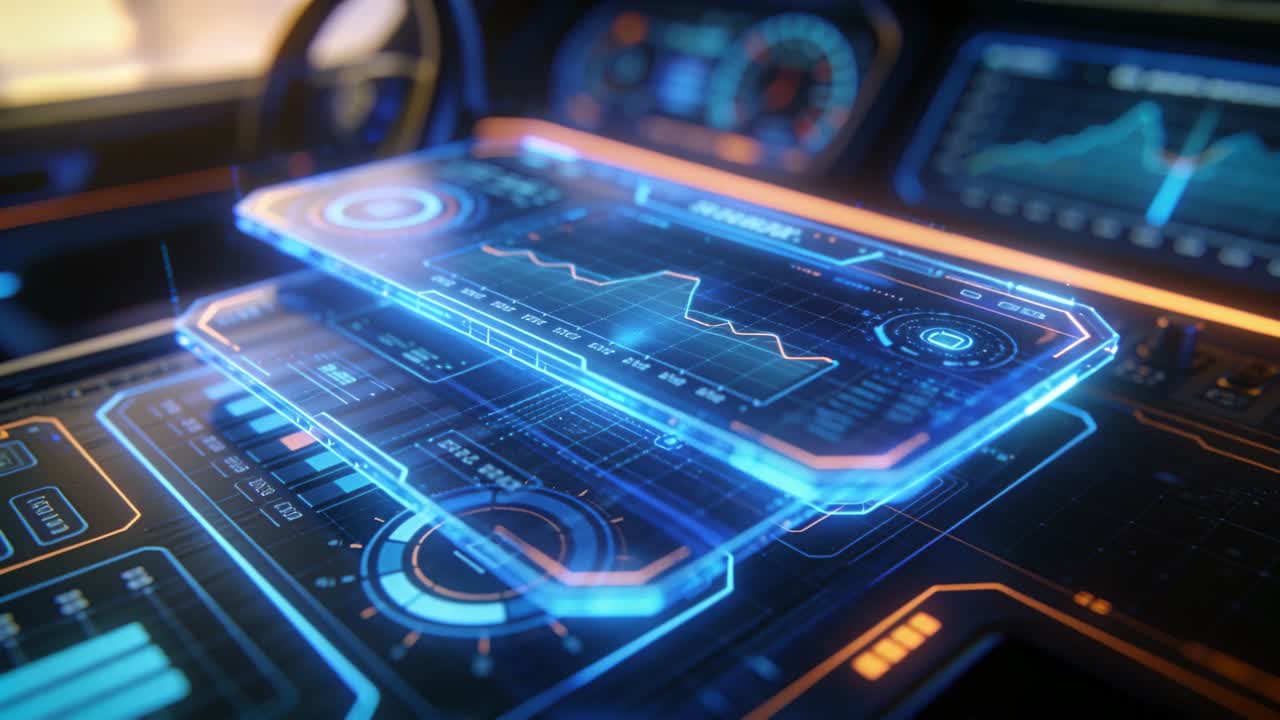 Pannelli UI olografici animati che si assemblano dopo l'avvio sopra la console del veicolo, mostrando grafici.
