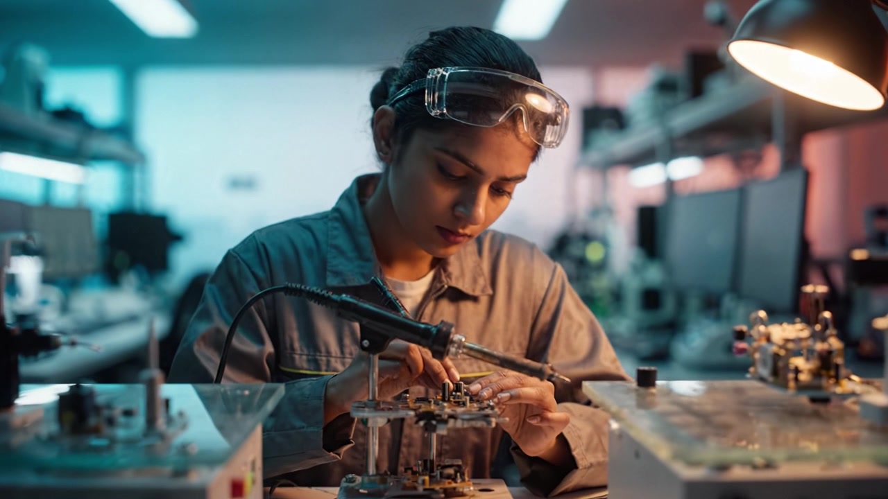 Técnica focada em laboratório soldando placa de circuito com precisão e cuidado, cercada por equipamentos e tecnologia avançados em um ambiente de trabalho de engenharia moderno