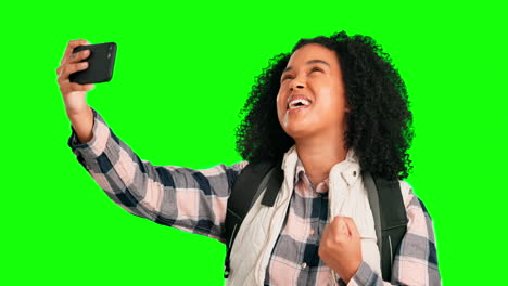 Travel,-video-call-and-selfie-with-woman-on-green