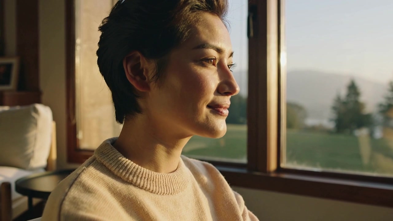 Mulher asiática contemplando, vestindo suéter bege, apreciando a luz dourada do sol na janela de madeira, com uma poltrona próxima.