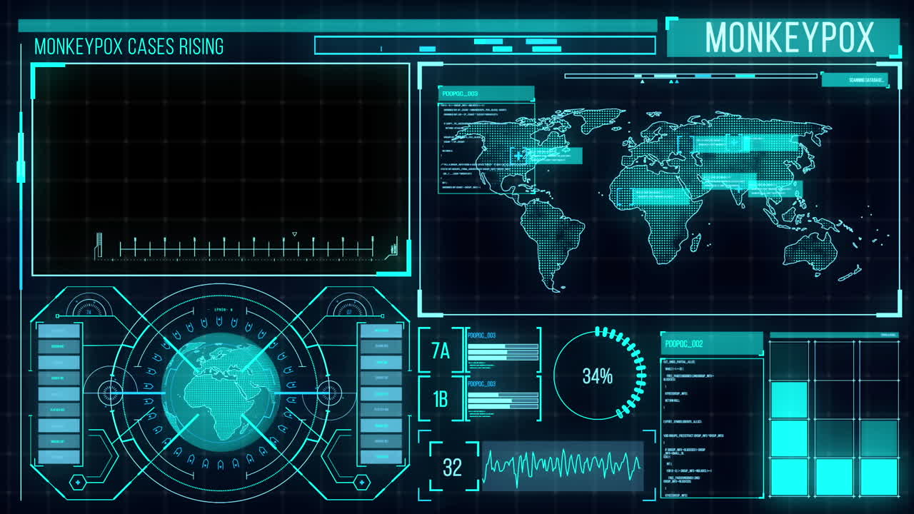 Animation of monkeypox text and data processing over black background