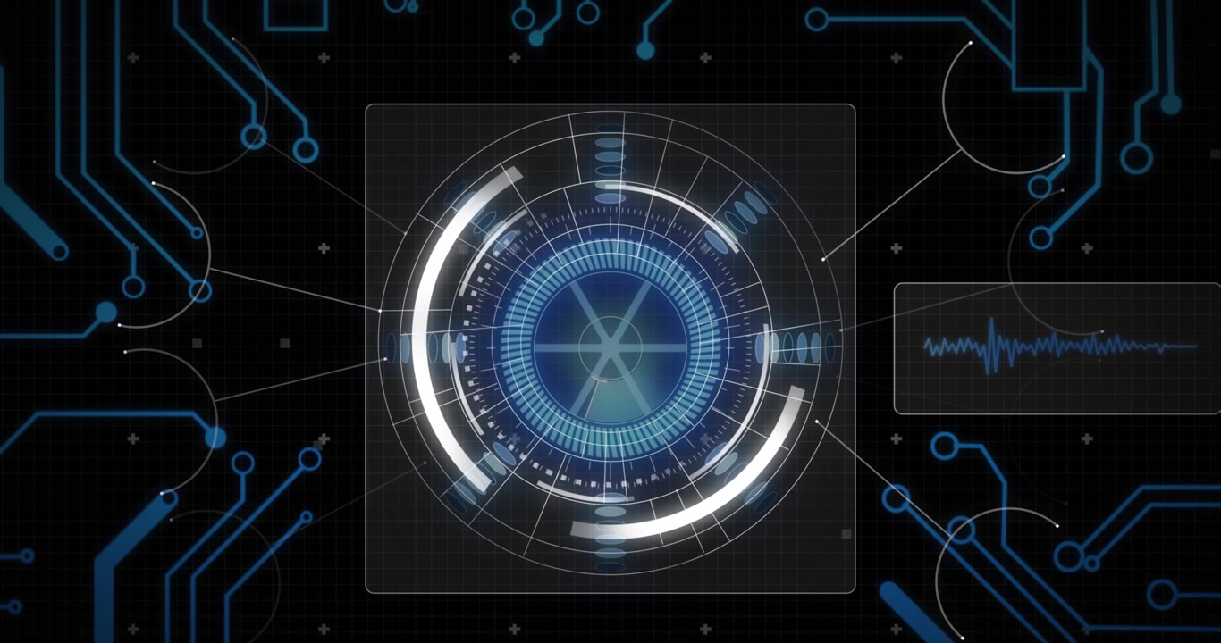 Animation of spinning round scanner and microprocessor connections against black background
