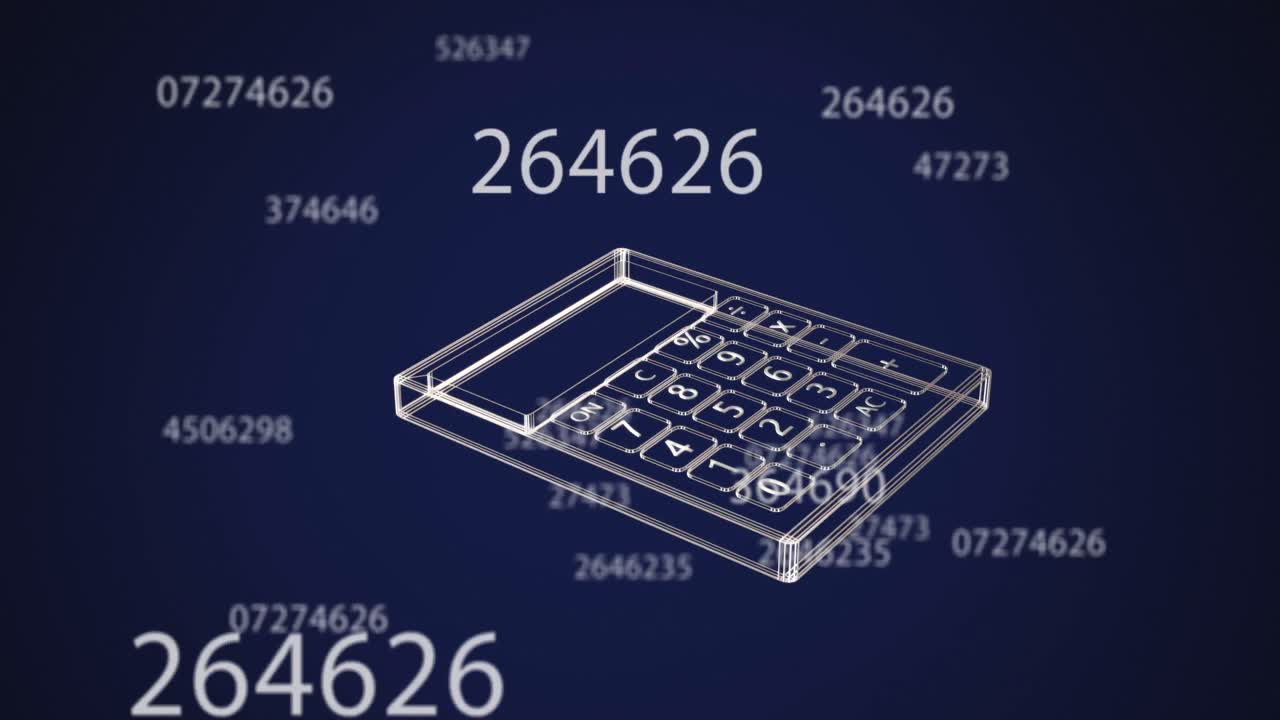 Animation of calculator icon over data processing on black background