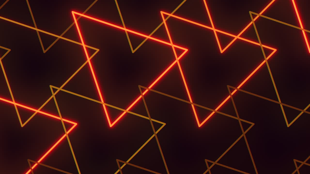 Dynamic abstract footage of glowing neon triangle outlines forming a seamless geometric pattern on a dark background, ideal as a modern tech backdrop for motion design and video projects