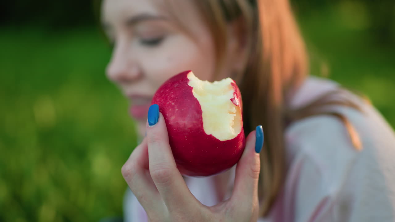 Close up of young woman holding a bitten red apple in her hand with blue-painted nails, smiling softly in a grassy field, enjoying nature and relaxation, as sunlight filters through surrounding
