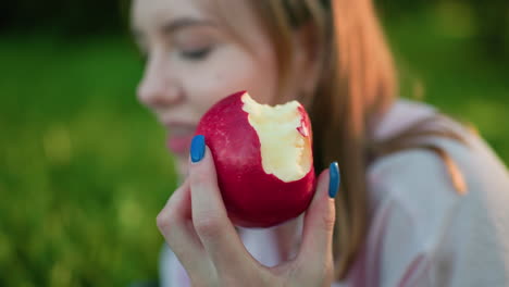 cerca de una mujer joven sosteniendo una manzana roja mordida en la mano con uñas pintadas de azul, sonriendo suavemente en un campo cubierto de hierba, disfrutando de la naturaleza y la relajación, mientras la luz del sol filtra a través de los alrededores