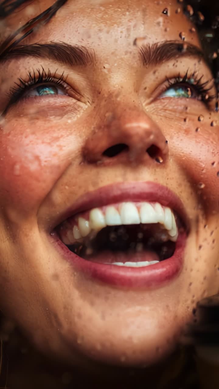 Captivating Moments of Joy: A Woman's Radiant Smile Through Rain Drops Reflecting Happiness and Connection with Nature in a Beautiful Close-Up Shot