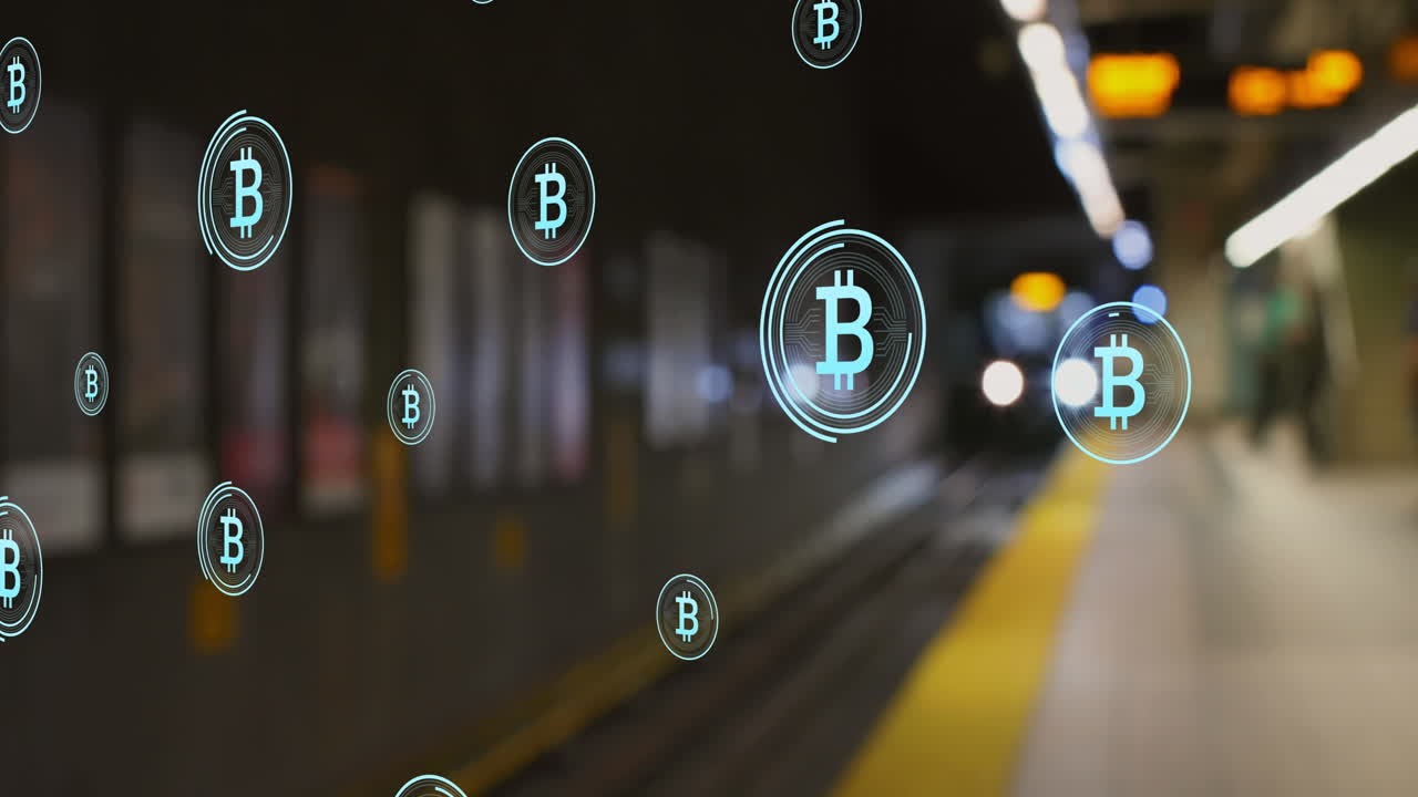 animación de múltiples símbolos de bitcoin flotando contra la vista borrosa del tren que llega a una estación.