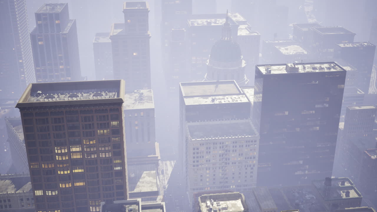 밤 에 안개 가 가득 한 도시 풍경