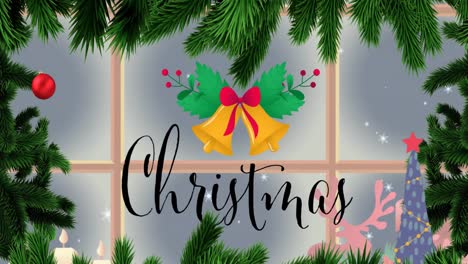 Animation-Von-Weihnachtstext-über-Tannenbaum-Und-Fenster