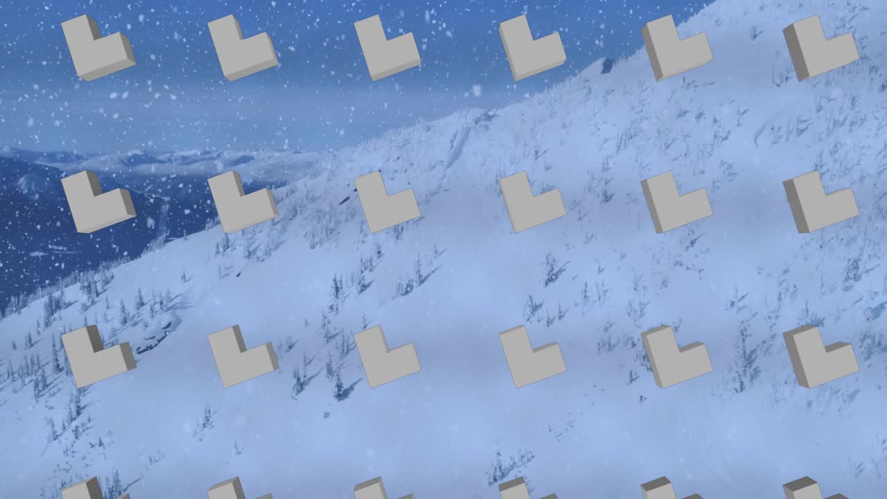 抽象的な図形パターンの列と、冬の景色にクリスマス雪が降り積もるアニメーション。
