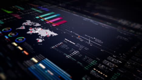 business stock market, trading, info graphic with animated graphs, charts and data numbers insight analysis to be shown on monitor display screen for business meeting mock up theme