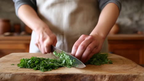 person chopping fresh herbs on a wooden cutting board