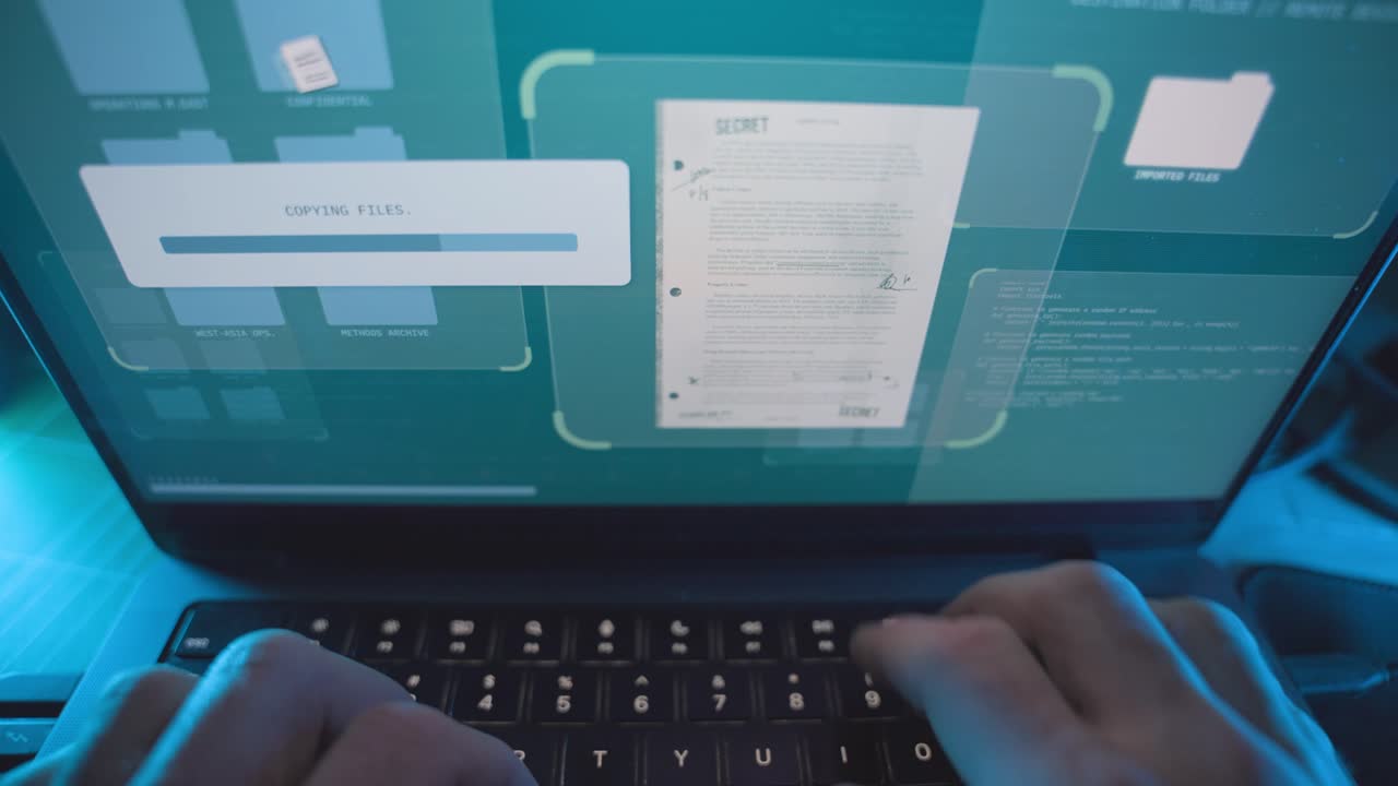 Hacker typing on computer copying and downloading secret government files from server. Top secret classified information security breach. Hands type on keyboard. Files transferring confidential data
