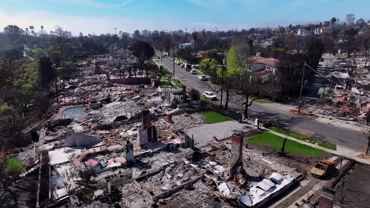 Aerial view of neighborhood devastated by fire