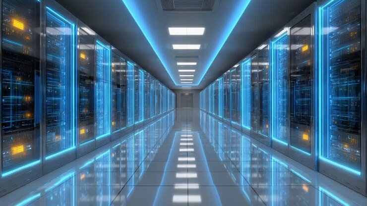 A Futuristic Data Center Corridor Featuring Digital Displays and Blue LED Lights, Showcasing High-Tech Server Racks and Reflected Surfaces in a Modern Environment