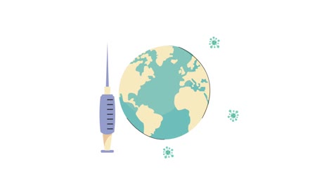 animación de la vacuna covid-19 con jeringa y planeta tierra