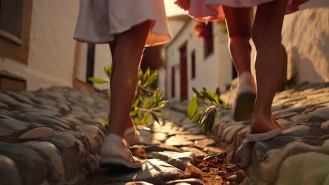 Two Sisters Walking Through a Charming European Village at Sunset