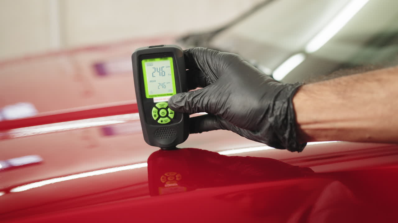 midiendo el grosor de la pintura en un coche rojo