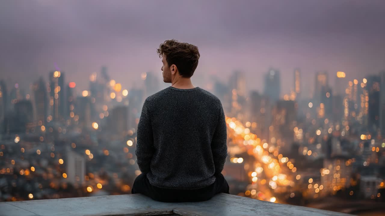Contemplative Urban Solitude: A Young Man Gazing at a Cityscape's Dazzling Night Lights from a Rooftop Perch, Reflecting on Life and Possibilities