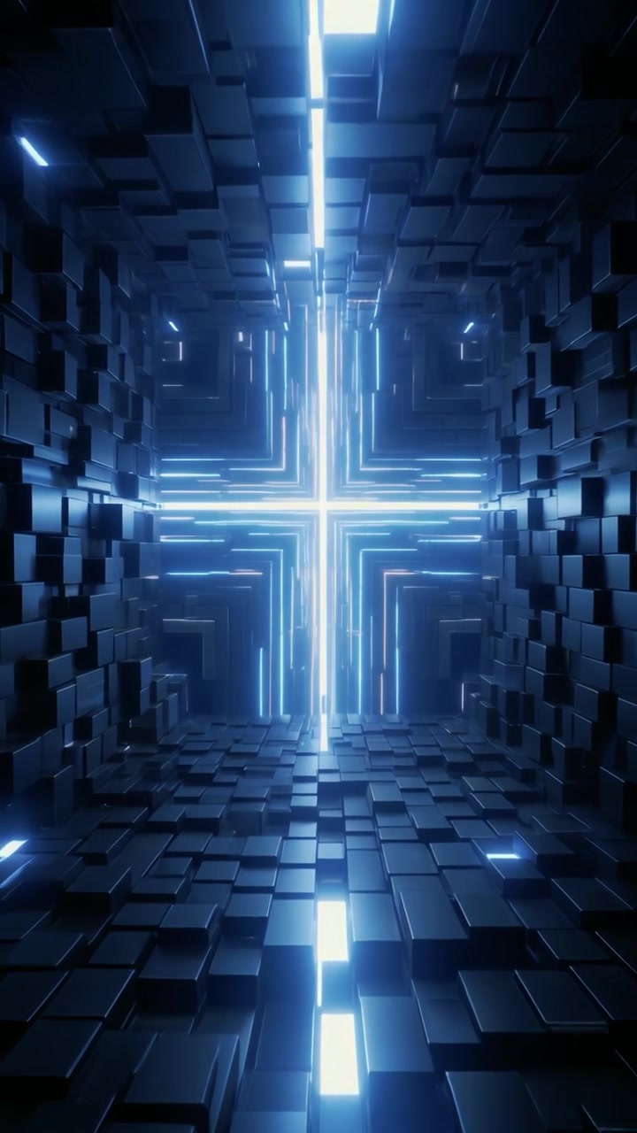 Futuristic Tunnel with Glowing Blue Cross Light