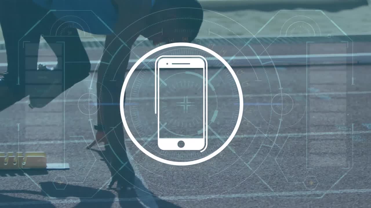 animación del icono del teléfono inteligente y procesamiento de datos sobre el hombre afroamericano corriendo