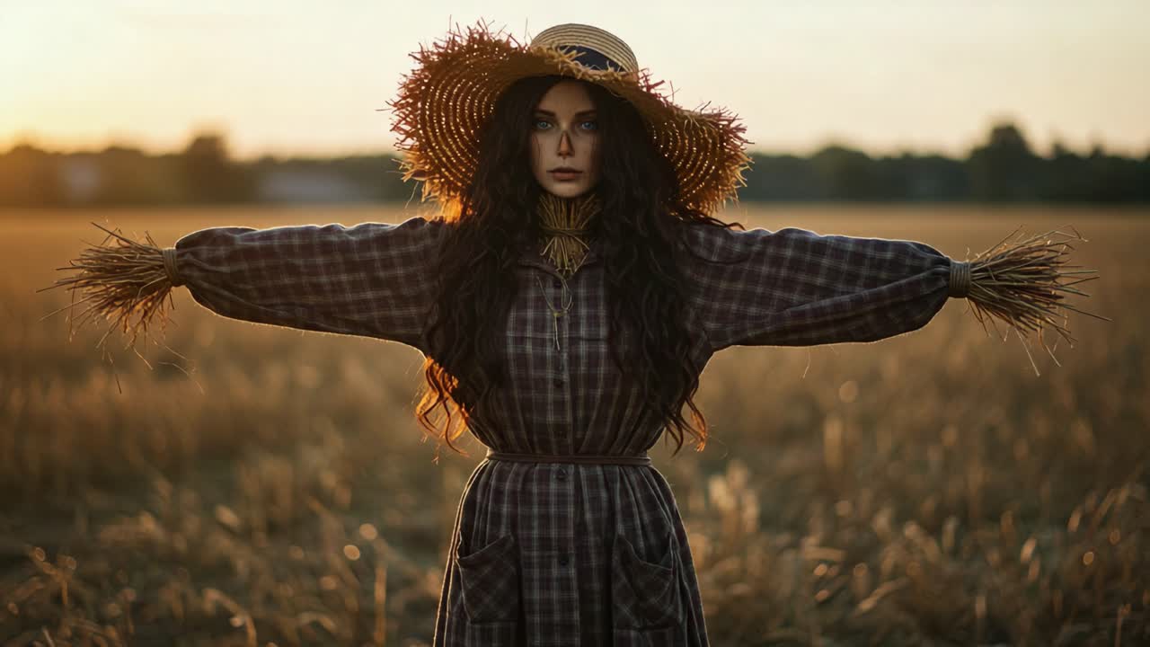 A stunning figure dressed in rustic attire stands in a golden field, arms outstretched under a glowing sunset, embodying a peaceful yet captivating rural scene