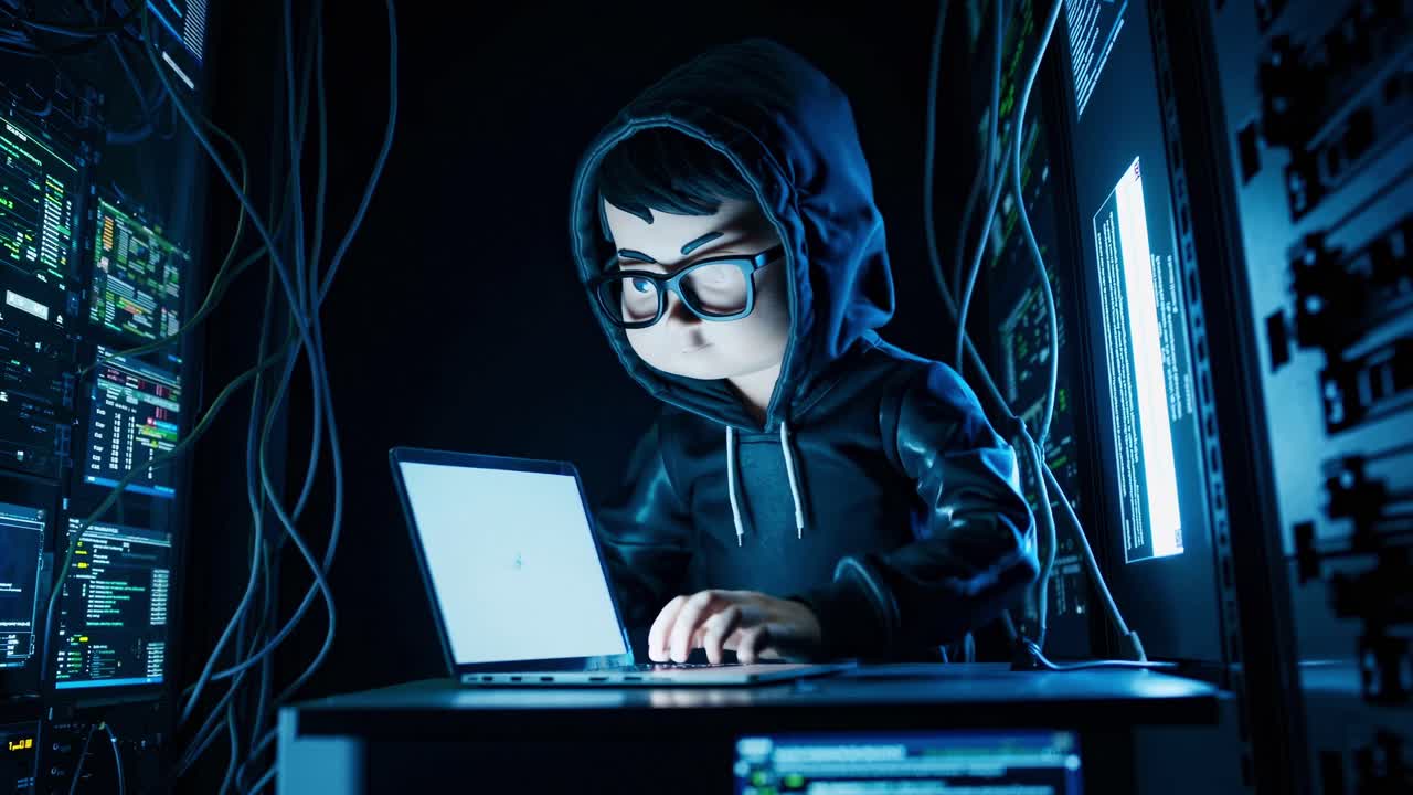 Cybersecurity expert performs network analysis in a data center with glowing servers and digital screens