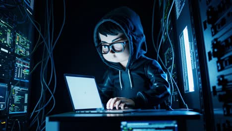 cybersecurity expert performs network analysis in a data center with glowing servers and digital screens