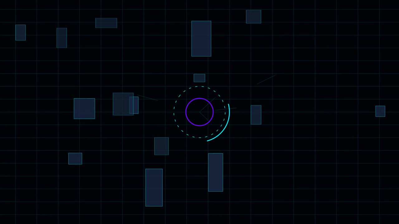 Abstract Digital Interface with Rotating Circular HUD and Floating Rectangles