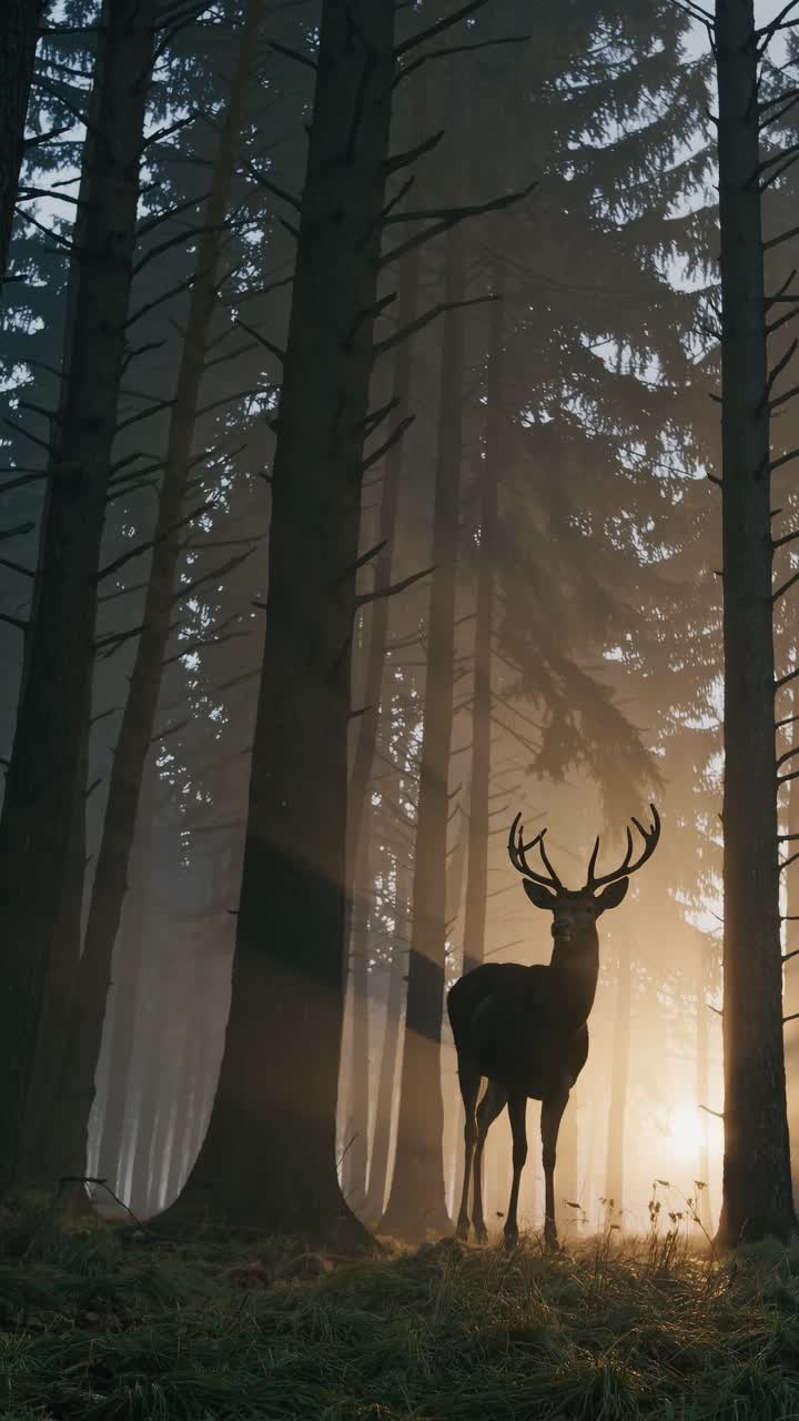 A majestic deer stands in a misty forest at sunrise, captured from a low angle