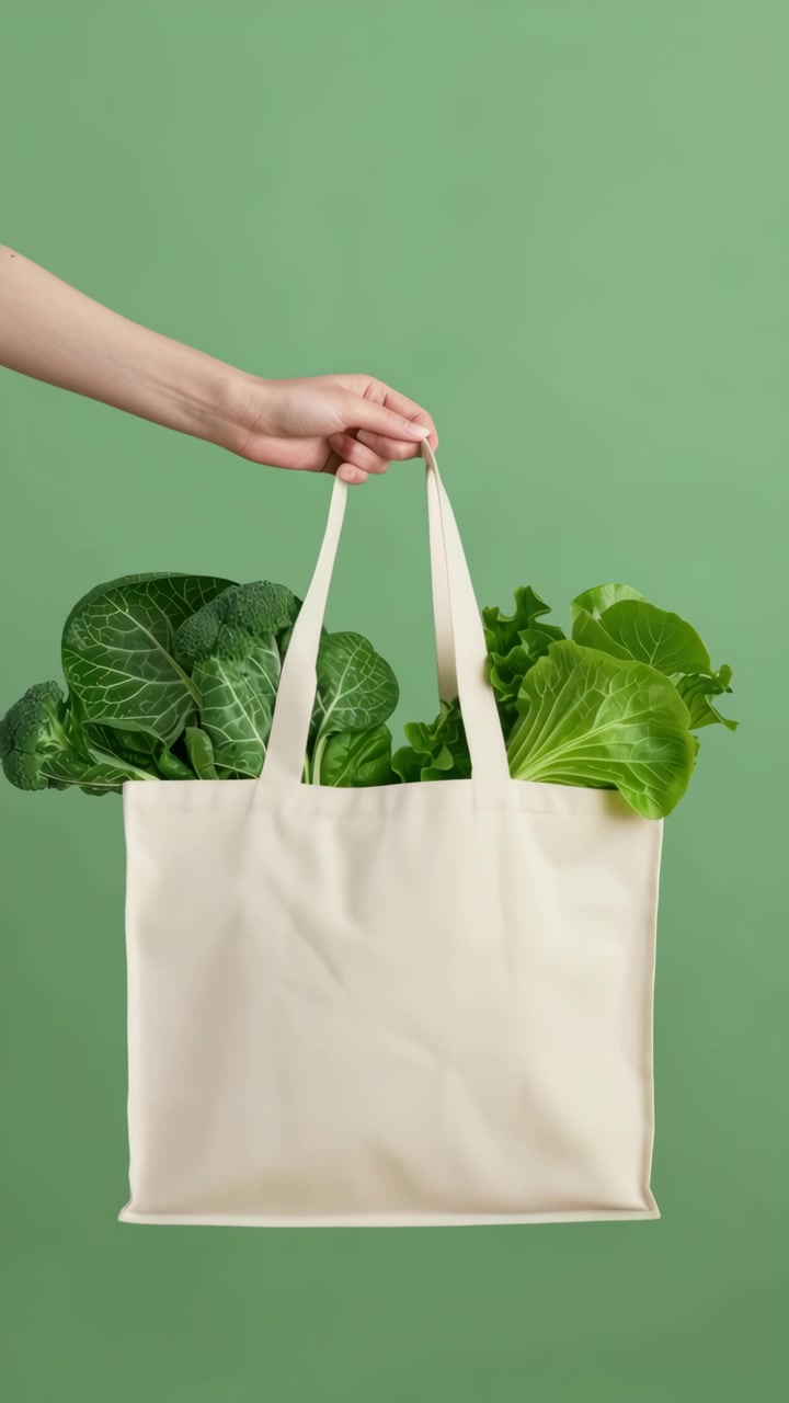 Mão Segurando Sacola de Compras Reutilizável com Vegetais Verdes Frescos