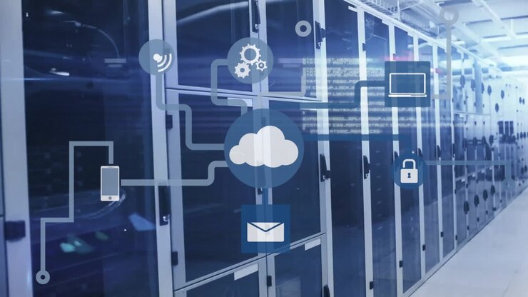 Animation of cloud icon with network of connections and data processing over computer servers