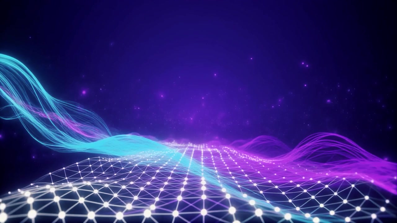 Abstract Digital Grid with Glowing Neon Waves in Cyberspace