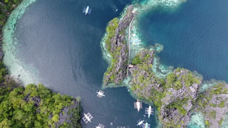 karst outcrops and tour boats at twin lagoon, coron, aerial top-down