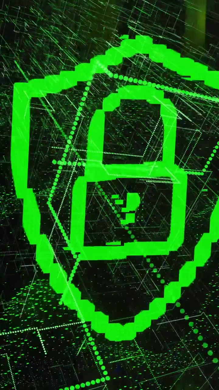 Vertical video: Camera tilting, shield scaling and padlock forming over racks showing IT security