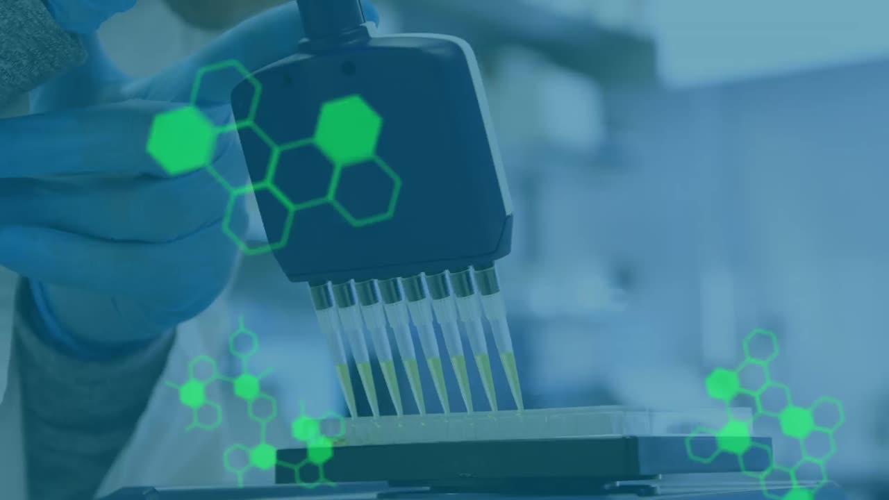 Animation of data processing over doctor with test tubes