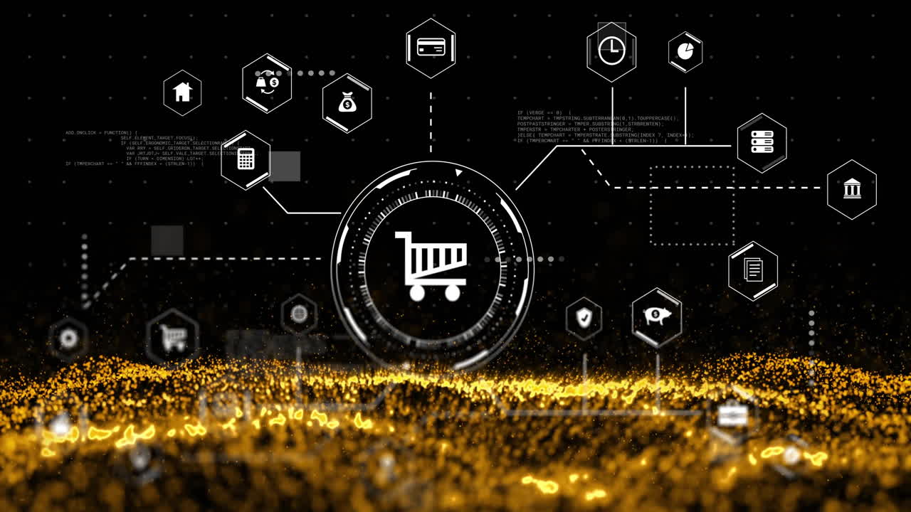 Animation of network of connections with icons and data processing over spots on black background