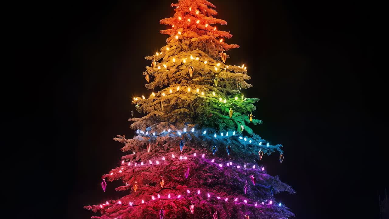 Vibrant rainbow LED lights adorning decorated Christmas tree, glowing against dark background and radiating festive holiday magic at nocturnal hour