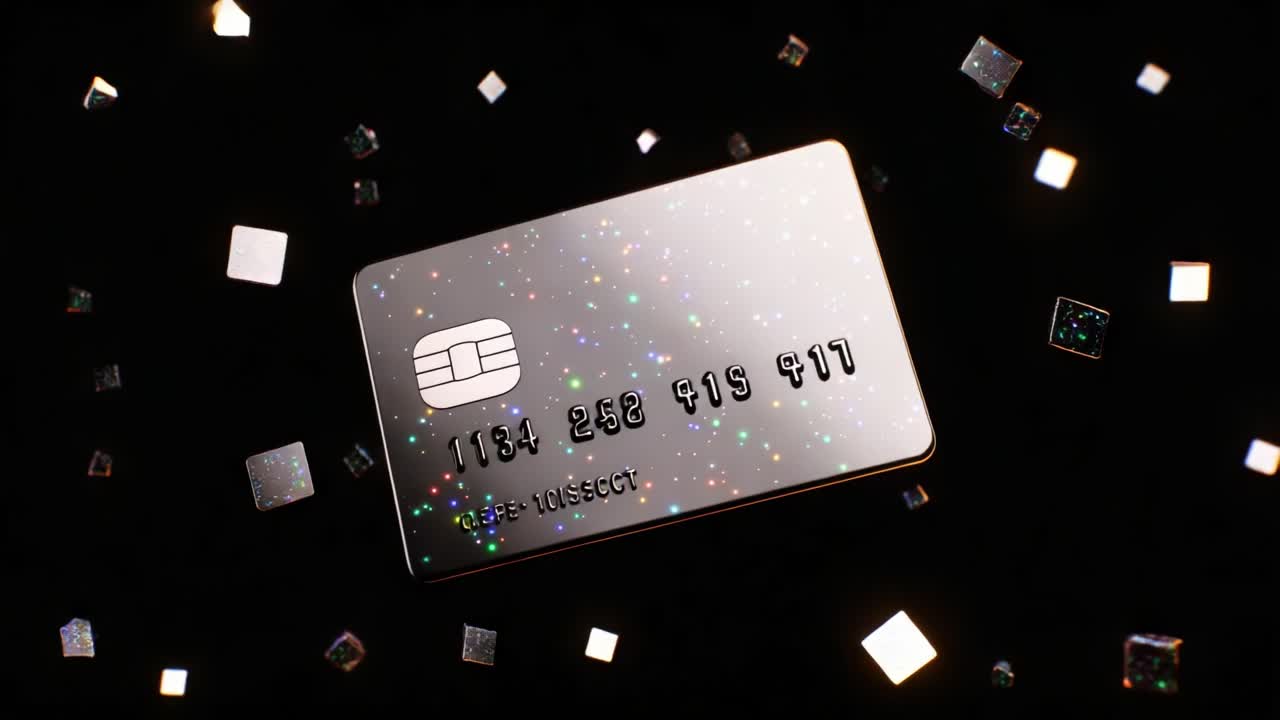 A dazzling display of a credit card floating against a cosmic background, surrounded by sparkling particles, showcasing its unique design in stunning detail and vivid colors